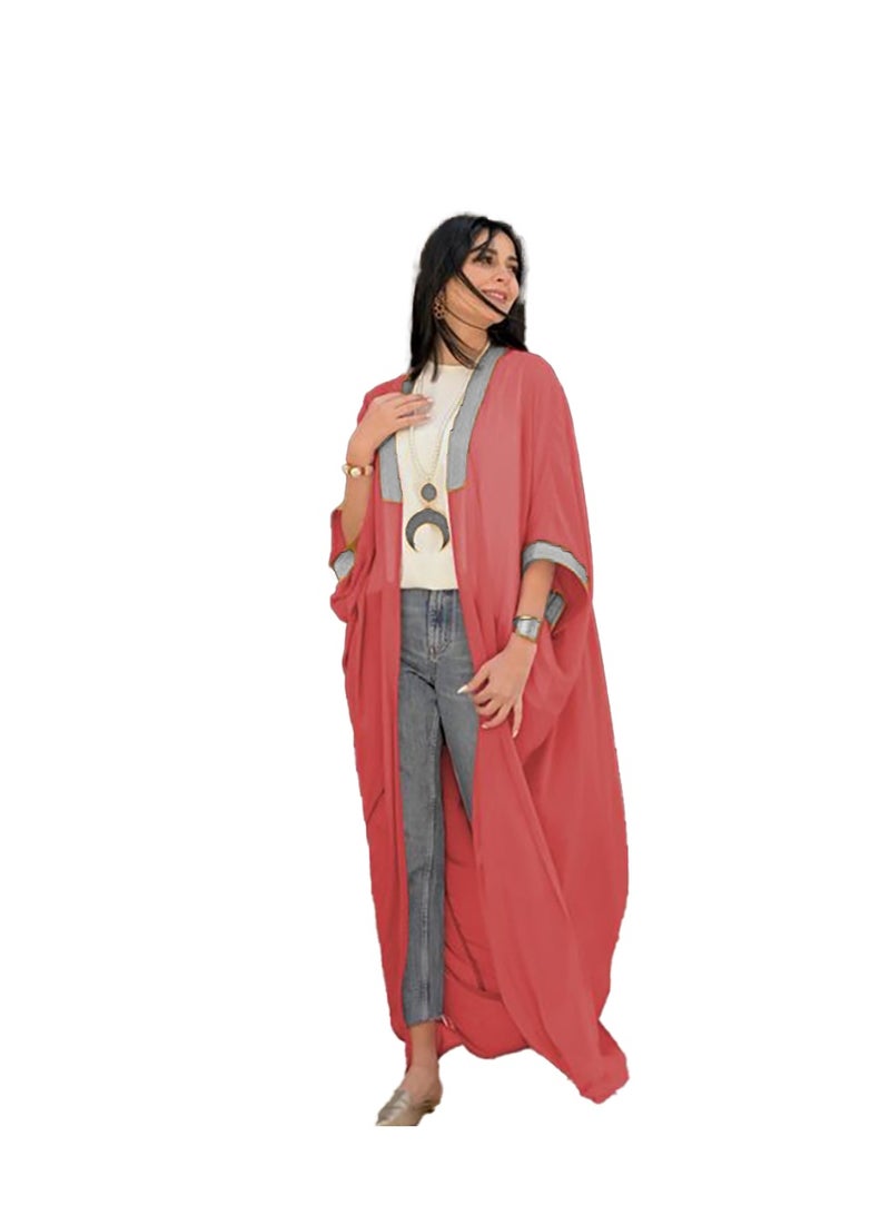 SunSet Kaftan Abaya Silver Embroidered Chiffon Sunset orange - Image 5